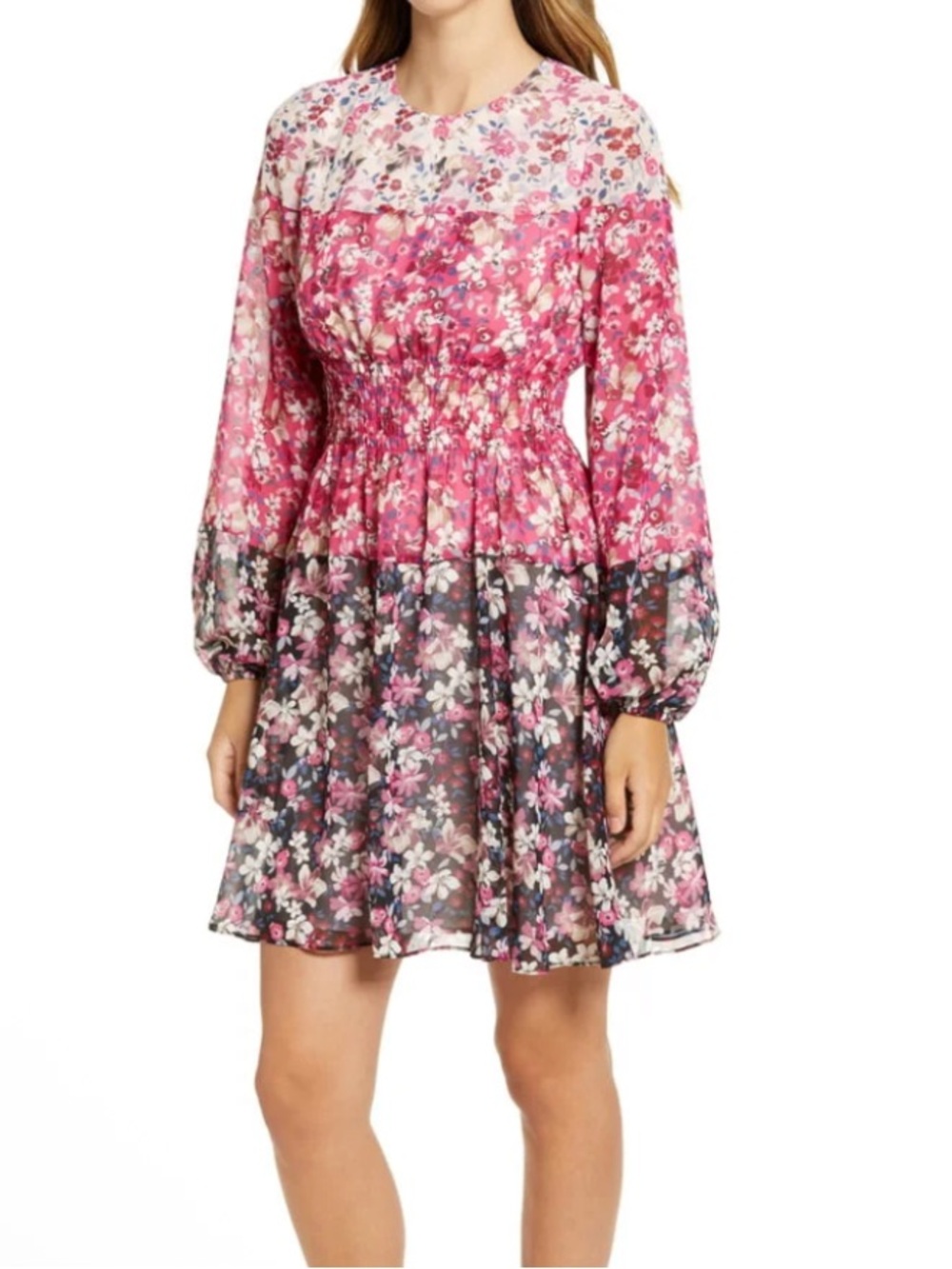 Eliza J. Colorblock  Floral Smocked Waist Long Sleeve Above Knee Dress Size 10